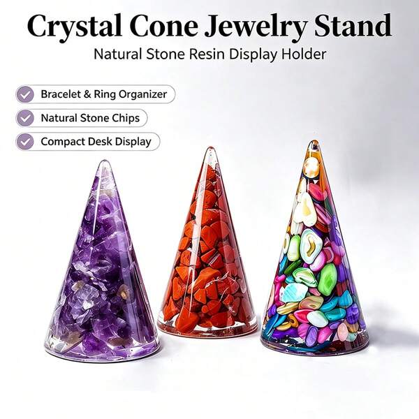 1PC Cone Shaped Natural Stone Ring Holder Ornament, Lapis Lazuli Tiger Eye Rose Quartz Jewelry Display Stand, Elegant Desktop Ring Storage Organizer