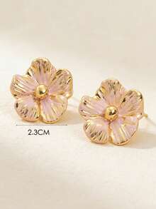 1 Pair Fashionable High-End Elegant Sweet Minimalist Versatile Pink Colorful Oil-Drip Enamel Five-Petal Flower Petal Women's Dopamine Stud Earrings Suitable For Daily Wear, Vacation, Friend Gift - Pink - View 4