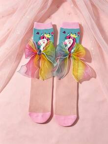 1 Pair Girls Sweet Cute Rainbow Bow Decorated Calf Socks, Cartoon Pony Pattern Design Mid-Calf Socks, Suitable For Girls Spring Autumn Transition Seasons, Versatile Design Girls Student Socks - Multicolor - View 8