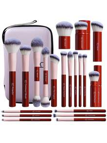 BS-MALL Professional 20pcs High-Quality Dopamine Makeup Brushes, Aesthetic Pink & Red Professional Set With Large Travel Bag, Skin-Friendly Soft Brushes For Daily Full Face Makeup - Rose Red - View 1
