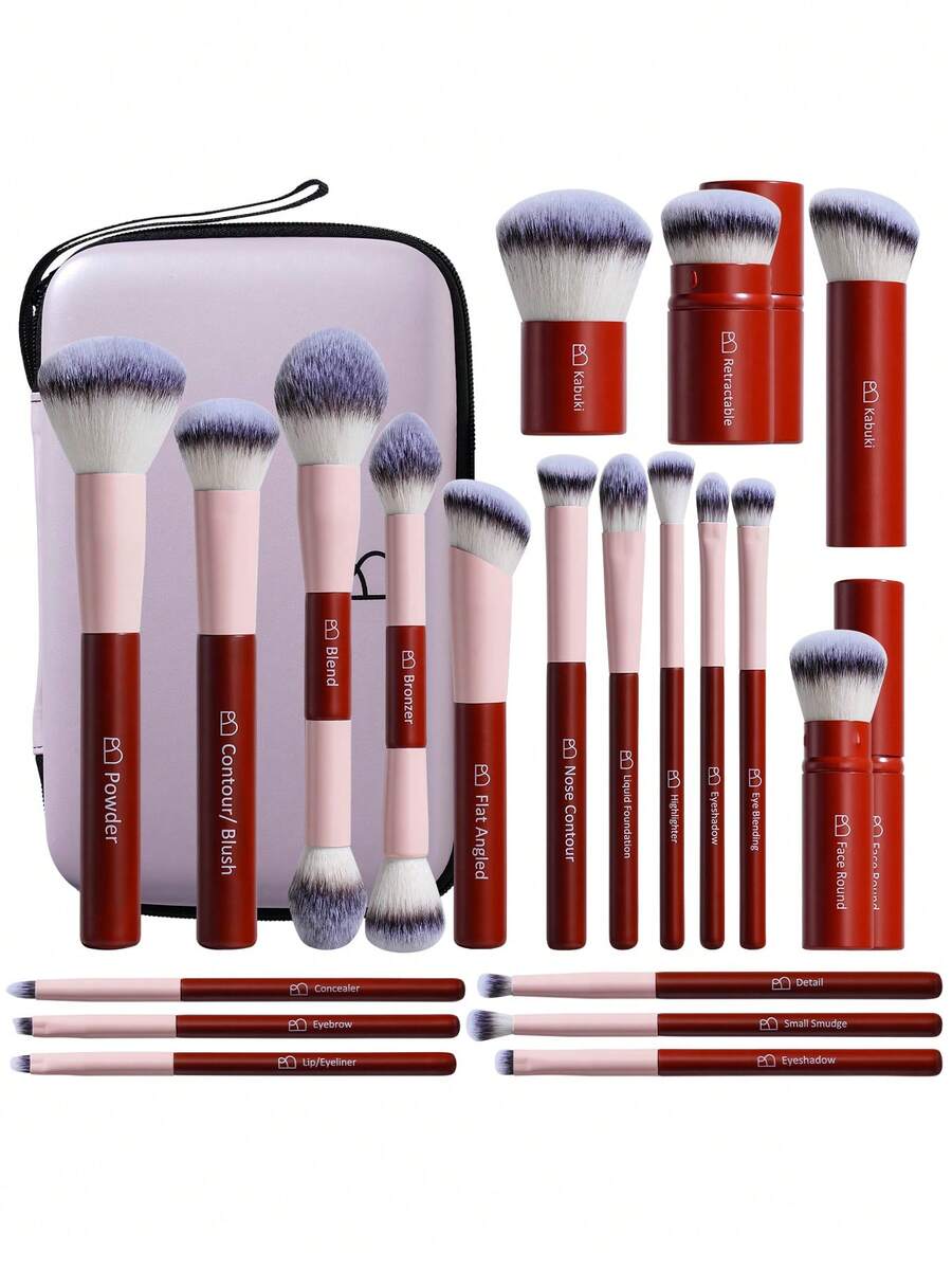BS-MALL Professional 20pcs High-Quality Dopamine Makeup Brushes, Aesthetic Pink & Red Professional Set With Large Travel Bag, Skin-Friendly Soft Brushes For Daily Full Face Makeup - Rose Red - View 1
