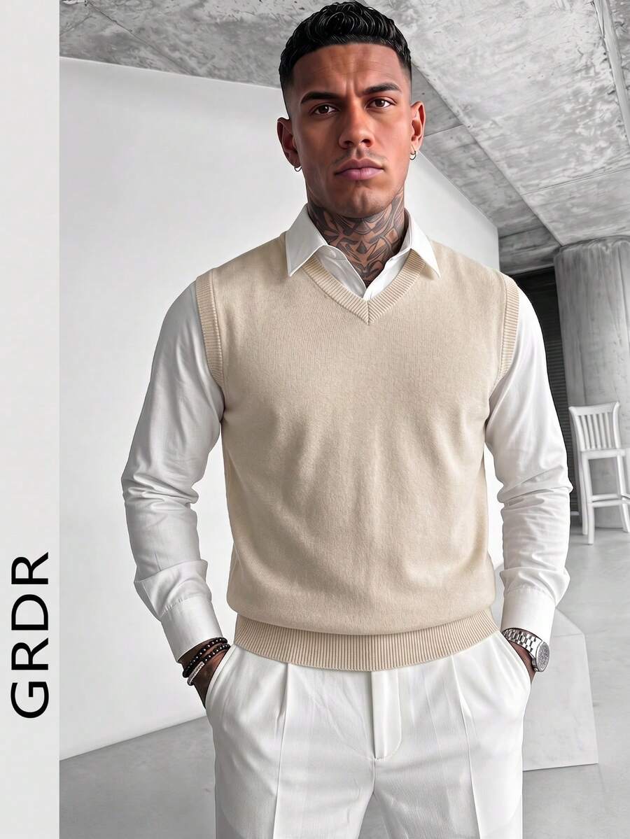 GRDR Men's Solid Color V-Neck Casual Versatile Knit Vest