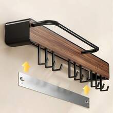 Wandmontierter Messerhalter Küchenaufbewahrungsregal Multifunktional mit Stäbchenhalter und Utensilienorganizer, Schwarz mit Walnuss-Holzmaserung - Übersicht 5