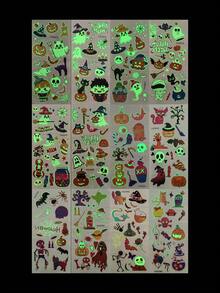 12pcs Halloween Glow-In-The-Dark Temporary Tattoo Stickers, Cute Cartoon & Scary Designs, Waterproof Face And Body Decals For Halloween Family Party, Cosplay, Face And Body Decoration - Multicolor - View 9