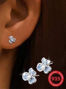 1 Pair S925 Sterling Silver Fresh Iris Flower Stud Earrings, Delicate Feminine Vibe, Versatile For Daily Commute, Exquisite Earrings, Gift For Girlfriend, Best Friend, Birthday, Holiday, Niche Design, Mori Style Cartilage Studs - Flowers - View 3