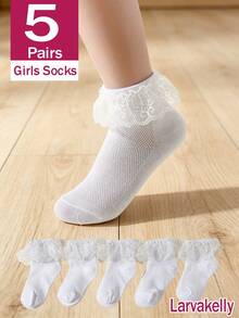 5 Pairs Girls' Sweet Cute Lace Trim White Ankle Socks, Mesh Breathable Spring/Autumn Style Student Socks, Suitable For Daily Wear And Back To School Season - White - View 2