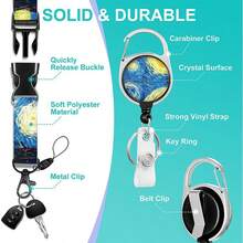 1 Set Retractable Badge Holder With Detachable Lanyard, Nurse Teacher Office Gift ID Card Holder Keychain Vertical Badge Protector, Fashion Name Tag Holder, With Heavy Duty Badge Reel (Night Sky) - Blue - View 3