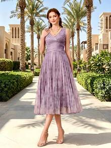 Vestido de noche elegante con cuello en V, estampado de malla, cordón y bajo asimétrico para boda y fiesta de primavera - Púrpura polvoriento - View 5