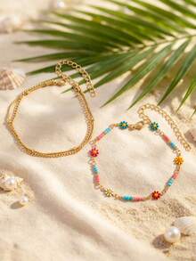 2pcs/Set Daisy Colorful Flower Elegant Minimalist High-End Ankle Bracelet Set For Beach Wear - Multicolor - View 3