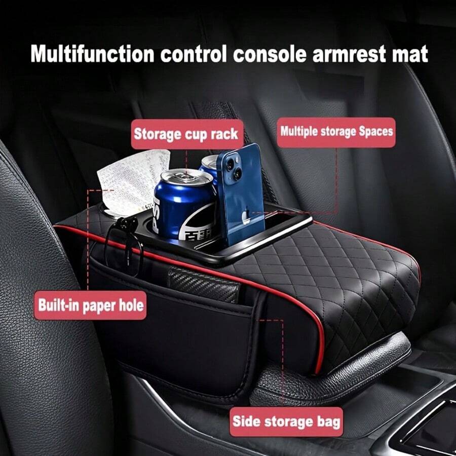 4-In-1 Multifunctional Car Armrest Box Organizer Pad, Height Pad, Center Console Cup Holder, Tissue Box, Storage Bag, Car Interior Storage And Organization Accessory, Multi-Purpose Car Interior Clutter Organizer