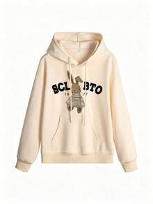 Sweatshirt dengan Slogan Kucing Hitam Pemarah Cetak Ganda Depan dan Belakang, Atasan Lapisan Harian Kasual Musim Gugur dengan Nuansa Sinis dan Unik - Aprikot - View 2