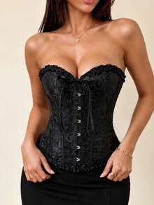 Bộ áo corset hở lưng buộc dây, viền bèo nhún kèm quần lọt khe, thích hợp phối cùng váy cho lễ hội Halloween, tiệc rave, lễ hội âm nhạc, màu đen thanh lịch mùa xuân. - màu đen - Xem 7
