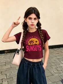 Tween Girl Customized Cotton Top, Spring/Summer Round Neck Short Sleeved T-Shirt With Tropical Letter Print, Suitable For Daily Casual Wear And Vacation - Jujube Red - View 2