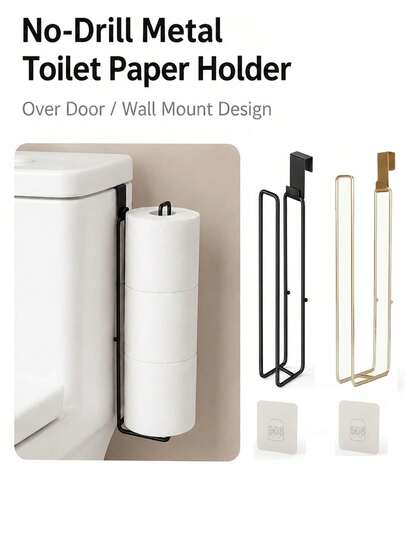 2pcs Set 1 Long Toilet Paper Holder + 1 Storage Quick Clip, Drill-Free Hanging Design, Suitable For Toilet Tank, Cabinet Door And Wall, Black Minimalist Paper Roll Holder, Bathroom And Kitchen Storage