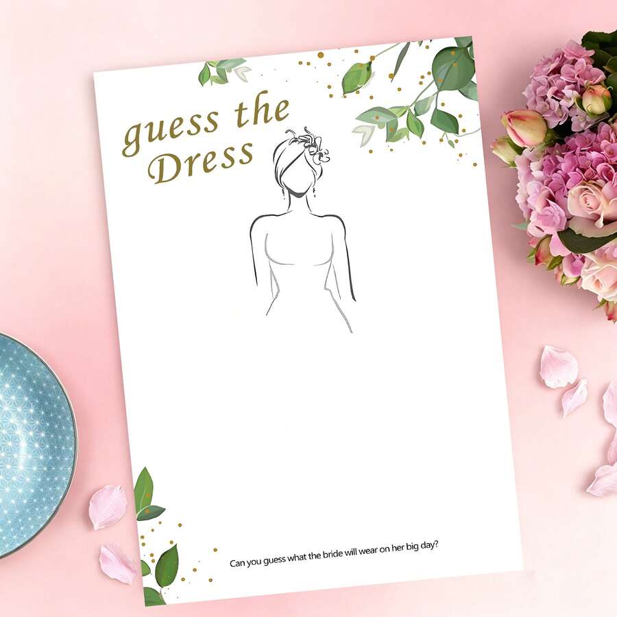 The Dress Bridal Shower Game Cards, Green Eucalyptus Gold Foil Design Sketch Game, Suitable For Bride-To-Be, Wedding Party Drawing Activity Cards, Elegant Botanical Style Bridal Shower Decor - the Dress - View 1