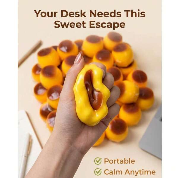 1pc Slow Rebound Caramel Pudding Stress Ball, Soft Crunchy Bead Filled Sticky Silicone Squeeze Toy, Realistic Food Dessert Handmade Decompression Toy, Suitable For Adults To Relieve Anxiety And Party Favors