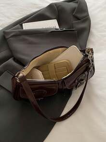 Minimalist Solid Shoulder Bag, Dual Buckle Decor Hobo Purse With Detachable Strap, Portable Daily Shopping Bag For Ladies - Coffee - View 2