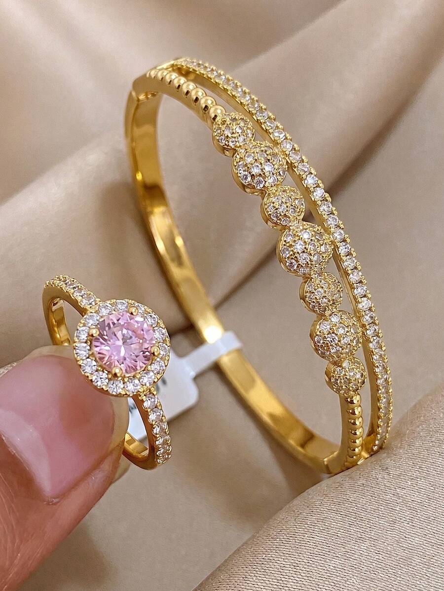 18K Gold Plated Pink Round Zirconia Jewelry Set, Adjustable Open Cuff Bracelet And Ring, Elegant Women's Accessories, Suitable For Daily And Party Occasions - Multicolor - View 1