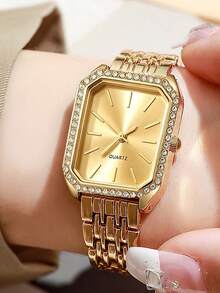 2件/1件女款手錶套組，金色極簡優雅女錶，方形白色錶盤配滿鑽錶圈，不鏽鋼錶帶小錶，搭配多顆鋯石裝飾女式手鍊，經典精緻女用不鏽鋼手飾，溫柔百搭，適合畢業、生日作為輕奢禮物送給女性，不含禮盒 - 金色 - 查看 3