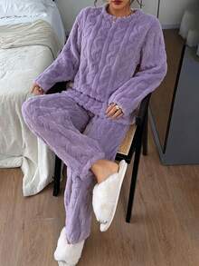 Dreamivo 2pcs/Set Women's Solid Color Pajama Set, Thermal Lined Thick Long Sleeve Long Pants Pajama Set, Simple And Fashionable - Purple - View 6