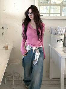 Half-Open Collar Solid Color Button Long Sleeve T-Shirt Early Autumn Design Women's Top - Hot Pink - View 5