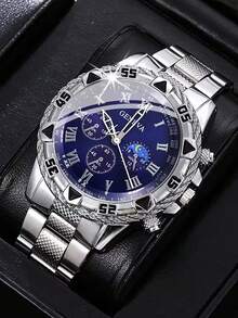 Casual Fashion Silver Steel Band Quartz Watch With Bracelet Necklace Ring Set, Holiday Special Offer, Daily Versatile, Back To School Season - Silver - View 5