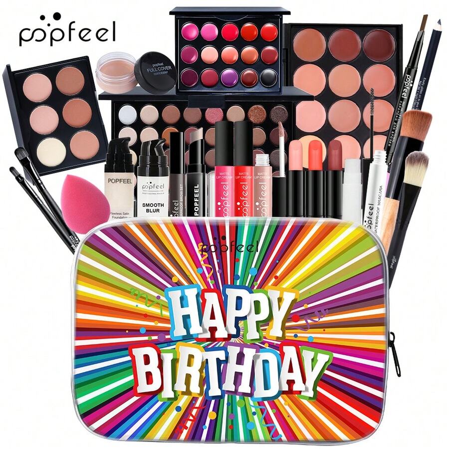 Popfeel All-In-One Birthday Makeup Kit, Portable Full Face Cosmetic Set With Eyeshadow Lipstick Makeup Brushes, Travel Birthday Gift Makeup Set For Beginner Women - Brown - View 1