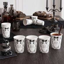 10/20/60pcs,Coquette White RIP Twenties 30th Birthday Paper Cups, Gothic Skull And Bow 9oz Disposable Paper Cups,Vintage Sketch Skull Floral Black Bow Drinking Cups For 30th Birthday, Gothic Thirty Birthday Table Supplies,Halloween Party Table Decor - Style Type B - View 4