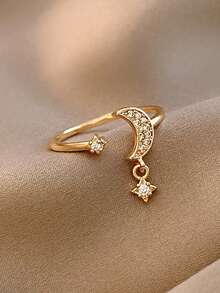 1pc Minimalist Fresh Moon & Star Open Adjustable Ring – Copper Set CZ, Geometric Unique, Daily/Gift/Party, Statement Holiday Jewellery - Gold - View 6