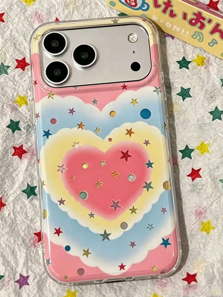 1 pieza Nueva funda de teléfono estilo coreano Ins con corazón arcoíris de lámina, estrella hueca y lunares, diseño minimalista premium compatible con Apple 17 Pro Max, compatible con Apple 16 de moda, compatible con Apple 15 Pro único, compatible con Apple 14 Plus estilo empresarial, compatible con Apple 13, compatible con Apple 12 Pro Max de dibujos animados, funda protectora anti-caídas compatible con Apple 11 - Multicolor - Ver 1