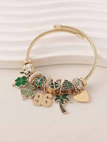 1pc Saudi Arabia 96th National Day Commemorative Green Palm Tree 96 Number Clover Pendant Beaded Bracelet Multi-Element DIY Bangle Suitable For Women Daily Holiday Celebration Party Wear - Green - View 7