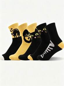 5 Pairs Fun Cartoon Black Cat Contrast Color Mid-Calf Socks, Regular ...