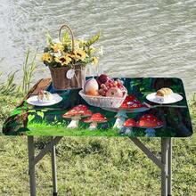 1pc Summer Outdoor Tablecloth, Elastic Band Design At Bottom, Mushroom Print Pattern, Durable Polyester Material, Washable Rectangular Table Cover, Suitable For Picnic, Camping, Garden Party, Indoor And Outdoor Use - A - View 5