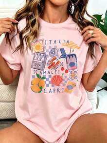 Kaos Motif Pantai Italia Ukuran Besar Wanita Longgar Leher Bulat Lengan Pendek Motif Lemon & Makanan Laut Desain Kasual Atasan Merah Muda Musim Panas - Berwarna merah muda - View 5