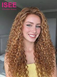 ISEE Brown Highlighted Deep Wave Human Hair Wig, 7x5 Transparent Lace Closure, Glueless Ready-To-Wear, 18-28 Inches, 180% Density, Pre-Plucked Hairline, Daily Wear Style - S4/27 - View 2