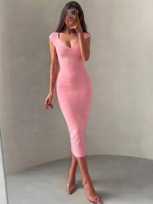 Pink Satin Midi Dress For Women, Sleeveless Fitted Elegant Sexy Ribbed Cocktail Party Dress, Spring/Summer Fashion - Pink - View 9