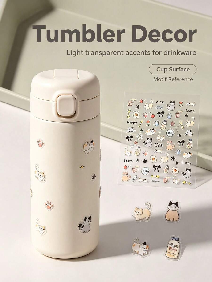 1 Set Multi-Element Cat Paw Print Tableware Pattern Home Decor Stickers, Clear 3D Transparent Base Decorative Patches Suitable For Digital Camera, Tablet, Water Cup, Earphone Decoration