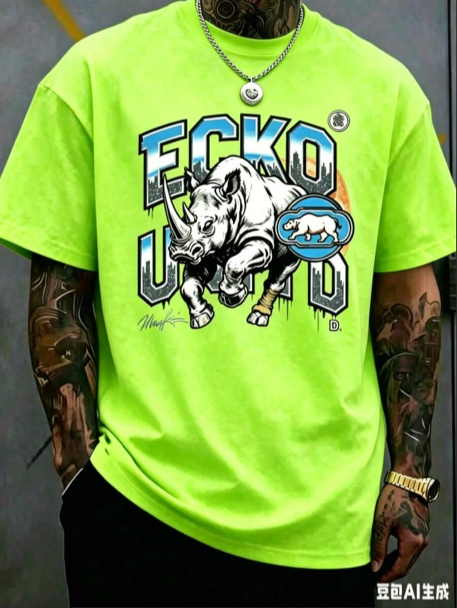 The Iconic ECKO Unltd Graphic Features A Bold Rhino Emblem With Urban Camouflage Lettering Symbolizing Strength Individuality Urban Culture 220g - 螢光綠2 - 查看 1