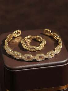 rakol 2pcs Elegant Cubic Zirconia Decorated Chain Bracelet And Ring Set - Silver - View 4