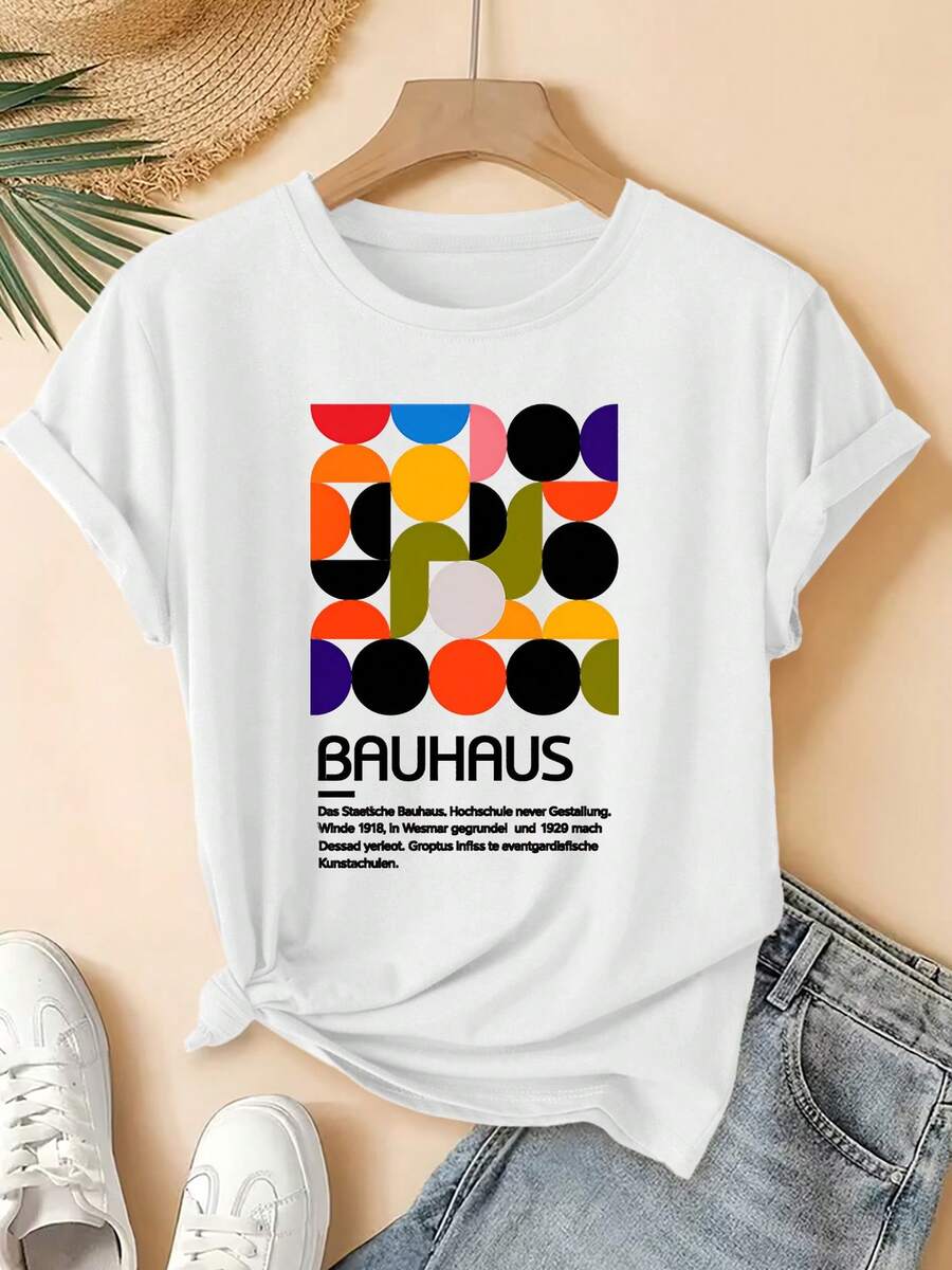 T-shirt da donna in stile Bauhaus retrò - Maglietta vintage con stampa Bauhaus, maniche corte, scollo rotondo, con motivo geometrico iconico, vestibilità ampia, ideale per la prima - Bianco - Visualizzare 1