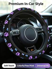1pc Car Steering Wheel Cover, All-Season Cute Paw Print Design, 15 Inch Standard Size, No Inner Ring, Elastic Non-Slip Car Interior Decor Accessory - Paw Print Steering Wheel Cover - View 5