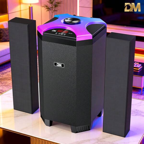 D&M Bocinas de bluetooth grandes,Altavoces de cine con 2.1 canales, bocina inteligente, Sonido envolvente Hi-Fi, 2 altavoces + 1 subwoofer, incluye mando a distancia, Luces LED de colores, efectos de reverberación ajustables, agudos, graves y volumen del micrófono, Función de radio FM, reproducción desde USB/DF/AUX