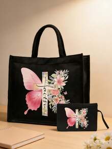Bolsa de mano con tema cristiano y bolsa pequeña con cruz, mariposa rosa y patrón de letras florales coloridas, regalo ideal para seres queridos y maestros. Bolsa de mano de lino de gran capacidad para mujer con diseño innovador, espaciosa, portátil y casual, perfecta para ir de compras. Bolsa de mano portátil multifuncional para maestras, excelente opción de regalo para mujeres. Regalo del Día del Maestro, Día del Padre, regalo de cumpleaños, regalo de vuelta a la escuela, - Multicolor - Ver 5