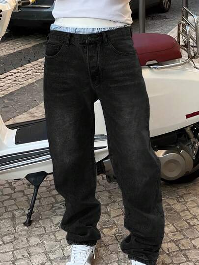 Men's Street Style Plus Size Straight Leg Casual Denim Jeans With Pockets