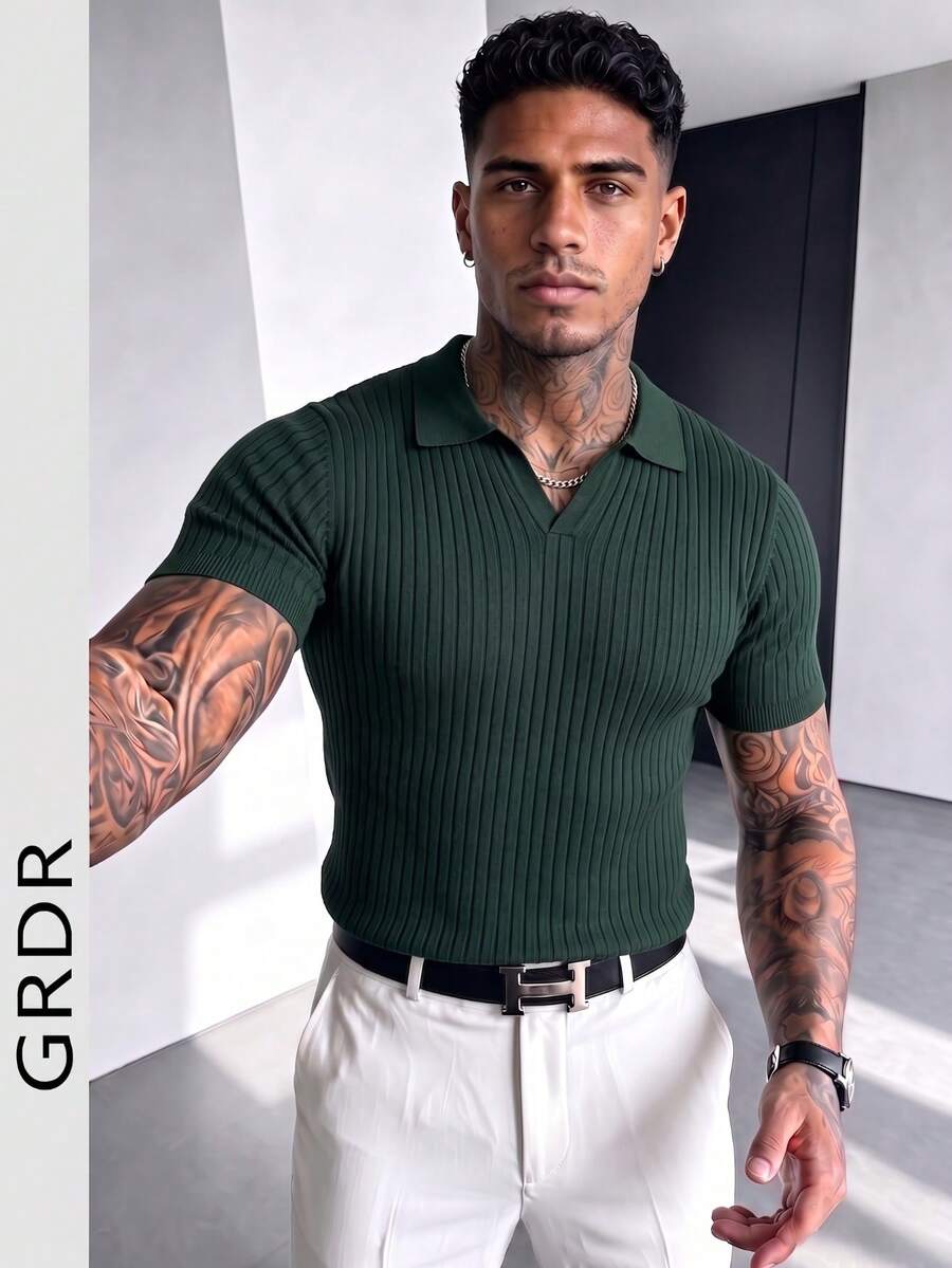 GRDR 男士夏季针织Polo衫，纯色短袖针织领，适合夏季外出穿着，时尚穿搭必备单品