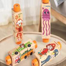 1 Set Montessori Rotatable Solid Wood Blocks Decor, Ocean Animals, Transportation, Profession Image Patterns, Toddler Color & Object Cognition Desktop Educational Toy - Multicolor - View 3