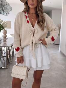 Women's Knitted Lace-Up V-Neck Cardigan, Decorated With Red Heart Pattern, Long Sleeve Design, Perfect Choice For Autumn Outfit. - Apricot - View 4