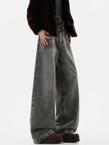 Hearty Haven 1 potong Celana Jeans Denim Pria Model Longgar Gaya Vintage Retro Washed Wide Leg Serbaguna (Tanpa Sabuk dan Aksesoris) - Grey - View 11