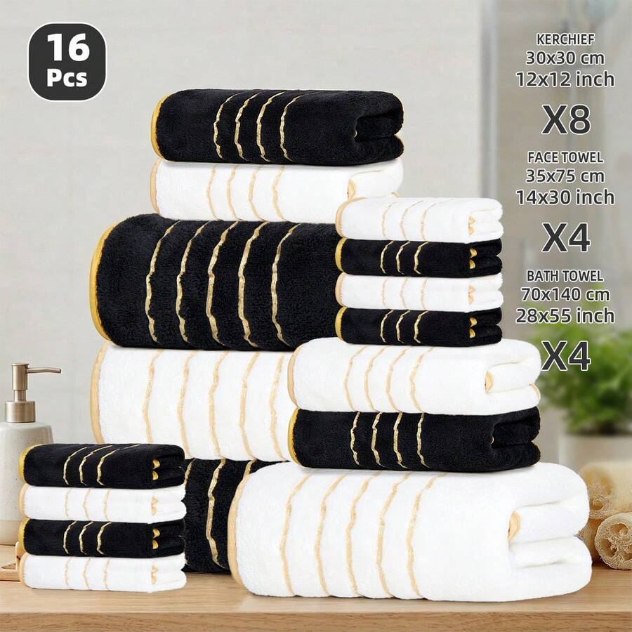 16-Piece Gold Striped Bath Towel Set, Super Soft And Comfortable, Highly Absorbent, Coral Fleece Towels, Bathroom Decor Towels, Beach Towels, Suitable For Bathing, Swimming, SPA, Fitness, Etc. - Black + White - View 1