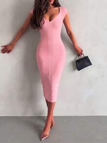 Pink Satin Midi Dress For Women, Sleeveless Fitted Elegant Sexy Ribbed Cocktail Party Dress, Spring/Summer Fashion - Pink - View 4